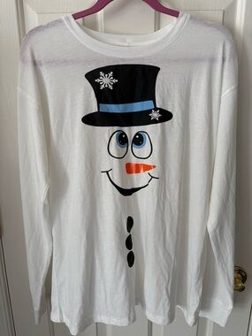 White Snowman Graphic Long Sleeve Tee - Blue & Orange Accents